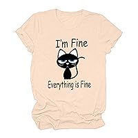 Womens Funny Cute Cat Graphic Tops Letter Printed I am Fine Loose T Shirt Casual Short Sleeve Crewneck Tee Blouse