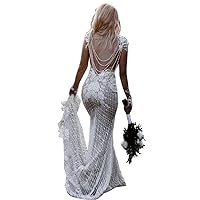 LIPOSA Women's Rustic Sheath Lace Wedding Dress Long Sleeves V Neck Backless Floral Pattern Appliqued Beaded Bridal Gowns