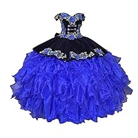 Mollybridal 2024 Off The Shoulder Ball Gown Puffy Ruched Organza Velvet Quinceanera Evening Prom Dresses Royal Blue Flowers