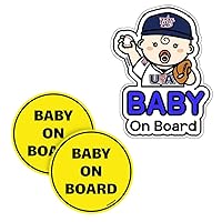 Baby on Board Sticker for Cars Cartoon Type [17. Baseball Boy] + Baby on Board Sticker for Cars Circular Type [Yellow - 2 Pack]