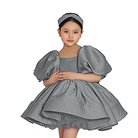 ZHengquan Flower Girls' Pearls Puffy Sleeves Wedding Dresses Short Satin Kids Prom Party Dress with Bow