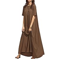 Flygo Womens Casual Loose Baggy O-Neck Short Sleeve Flowy Maxi Long Kaftan Dress (Large, Brown)