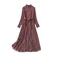 Spring Designer Polka Dot Print Woman Dress Long Sleeve Elegant Belt Single Breasted Vintage Midi Dresses Party