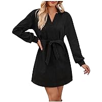 Women's Long Sleeve Dresses Casual Solid Color Round Neck Pocket Dress Wedding Guest Fall, S-2XL