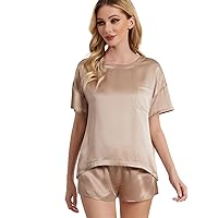 THXSILK Silk Pajamas for Women Pj Sets Short Sleeve Sleepwear Round Neck T-shirt Top with Shorts 2 Pcs