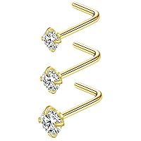 Zifoan 3 Pcs Stainless Steel Nose Rings Studs 20 Gauge L Shaped Curved Nose Piercing Jewelry 2mm 2.5mm 3mm Diamond CZ Nose Stud L Bend for Women Girl Piercing - Gold