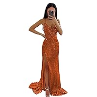 Women's Sequin Prom Dresses Sparkly Mermaid Formal Dress Long Spaghetti Strap Ruched Slit Evening Party Ball Gowns
