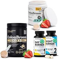 ColonBroom Premium & Strawberry Flavor Psyllium Husk Powder & Colon Cleanser, Fiber Supplement Powder (2x60 Servings) + Day & Night Burner Supplements, Weight Management Pills (60 Servings)