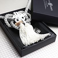 Car Hanging Vip Charm Junction Produce JDM Fusa Kiku JP Knot Silver Kin Tsuna Rope for Rear View Mirror Decor Car Accessories Window Pendent, Window Car Door Frame Balcony (Silver - White)