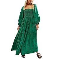 Women's Denim Dresses 2024 Autumn Casual Dress Square Collar Horn Sleeve Long Skirt Casual Maxi Dresses, S-L