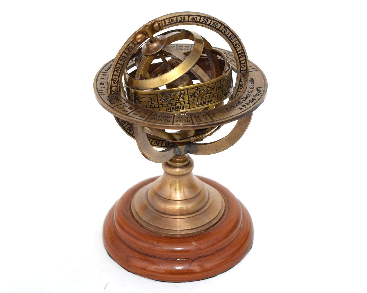 Yaman Antique 6" Brass Armillary Sphere Globe Clock Spherical Astrolabe Vintage Compass - Nautical Décor