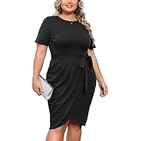 Hanna Nikole Plus Size Cocktail Dress for Women with Pockets Short Sleeve Ruched Bodycon Midi Dress with Front Slit