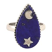 NOVICA Artisan Handmade Lapis Lazuli Cocktail Ring .925 Sterling Silver with Gemstone India Star Sun Moon Birthstone 'Wise Universe'