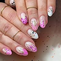 Halloween Cute Ghost Press on Nails Almond French Tip Fake Nails Halloween False Nails with Pink Pumpkins Flame White Ghost Designs Full Cover Glossy Halloween Acrylic Glue on Nails for Women 24 Pcs