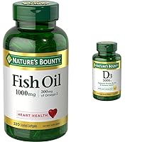 Nature's Bounty Fish Oil, Dietary Supplement, Omega 3, Supports Heart Health, 1000 Mg, 220 Coated Softgels & Vitamin D3, Immune Support, 125 mcg (5000iu), Rapid Release Softgels, 240 Ct