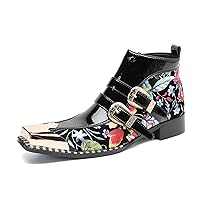 Mens Novelty Fashion Metal-Square Toe Double Buttons Zip Flowers Genuine Leather Chelsea-Boots Bottes Comfort Ankle Dress Boot
