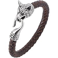 Unisex Wolf's Head Leather Bracelet, North Viking Mythology Fenrir Celtic Bangle, Men's Handmade Braided Cuff Wrap Rope Wristband Chain Jewelry (Color : Black, Size : 16.5 Centimetres)