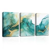 LZIMU Abstract Green and Gold Wall Decor 3 Panel Marble Painting Canvas Art Prints Modern Artwork for Bedroom Office Kitchen Home Decor Framed (Abstract-2, 16