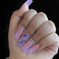 24Pcs Medium Coffin Press on Nails with Rhinestone French Butterfly Fake Nails Purple Bling Glitter Design Glue on Nails Full Cover French Tip Stick on Nails Glossy Acrylic False Nails for Women Girls