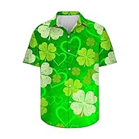 Mens St Patricks Day Shirts Short Sleeve Button Down Green Tops Irish Shamrock Clover Graphic Hawaiian T-Shirt
