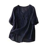 Linen Tops for Women 2024 Fashion Casual Crewneck T-Shirt Short Sleeve Loose Blouses Top Plus Size Chiffon Shirts