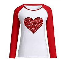 Womens Red Sequin Heart Print Sweatshirt Valentine'S Graphic Color Block Tops Blouse Casual Long Sleeve T-Shirt Blouse