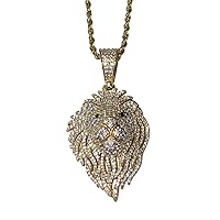 Lion Head Men Women 925 Italy Gold Finish Iced Silver Charm Ice Out Pendant Stainless Steel Real 2 mm Rope Chain Necklace, Mans Jewelry, Iced Pendant, Rope Necklace 16