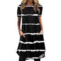 Hawaiian Dresses for Women Casual Sundress Solid Color/Print Round Neck Pullover Mini Dress Loose Short Sleeve Dress Black XX-Large
