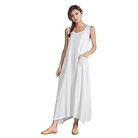 Women's Linen Cotton Casual White Sleeveless Large Dress Plus Clothing a112