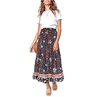 MEROKEETY Women's Boho Floral Print Elastic High Waist Pleated A Line Maxi Skirt