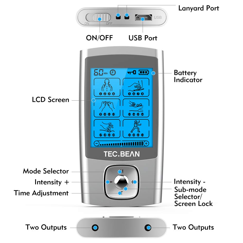 TEC.BEAN 24 Modes TENS Unit Muscle Stimulator, Rechargeable TENS Machine with 8 Electrode Pads (American Gel), Electric Pulse Massager for Pain Relief Therapy