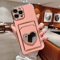 Glitter Rhinestone Love Heart Mirror Plating Wallet Card Case for iPhone 14 13 11 12 Pro Max XS X XR 7 8 Plus SE Soft Slot Cover,Pink,for iPhone SE 2022