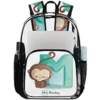 Cute Animal Alphabet Monkey Clear Backpack Heavy Duty Transparent Bookbag for Women Men See Through PVC Backpack for Security, Work, Sports, Stadium