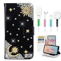 STENES Bling Wallet Phone Case Compatible with Samsung Galaxy S23 Case - Stylish - 3D Handmade Sun Stars Night Moon Glitter Magnetic Wallet Leather Cover with Cable Protector [4 Pack] - Blue