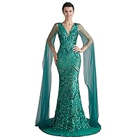 Sequin Evening Dress Mermaid for Women Long Sleeves V-Neck Prom Gown
