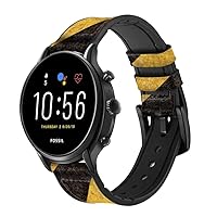 CA0250 Yellow and Black Line Hazard Striped Leather Smart Watch Band Strap for Fossil Hybrid Smartwatch Nate, Hybrid HR Latitude, Hybrid Smartwatch Machine Size (24mm)