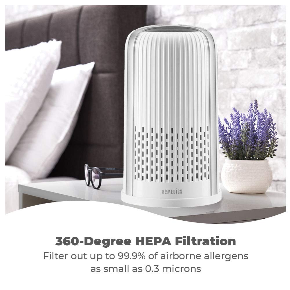 HoMedics TotalClean 4-in-1 Tower Air Purifier, 360-Degree HEPA Filtration for Allergens, Dust and Dander with Ionizer for Home, Office and Desktop, Night-Light and Essential Oil Aromatherapy (White)
