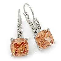 Pear Cut Champagne CZ/Clear Crystal Drop Earrings In Rhodium Plating With Leverback Closure - 30mm L