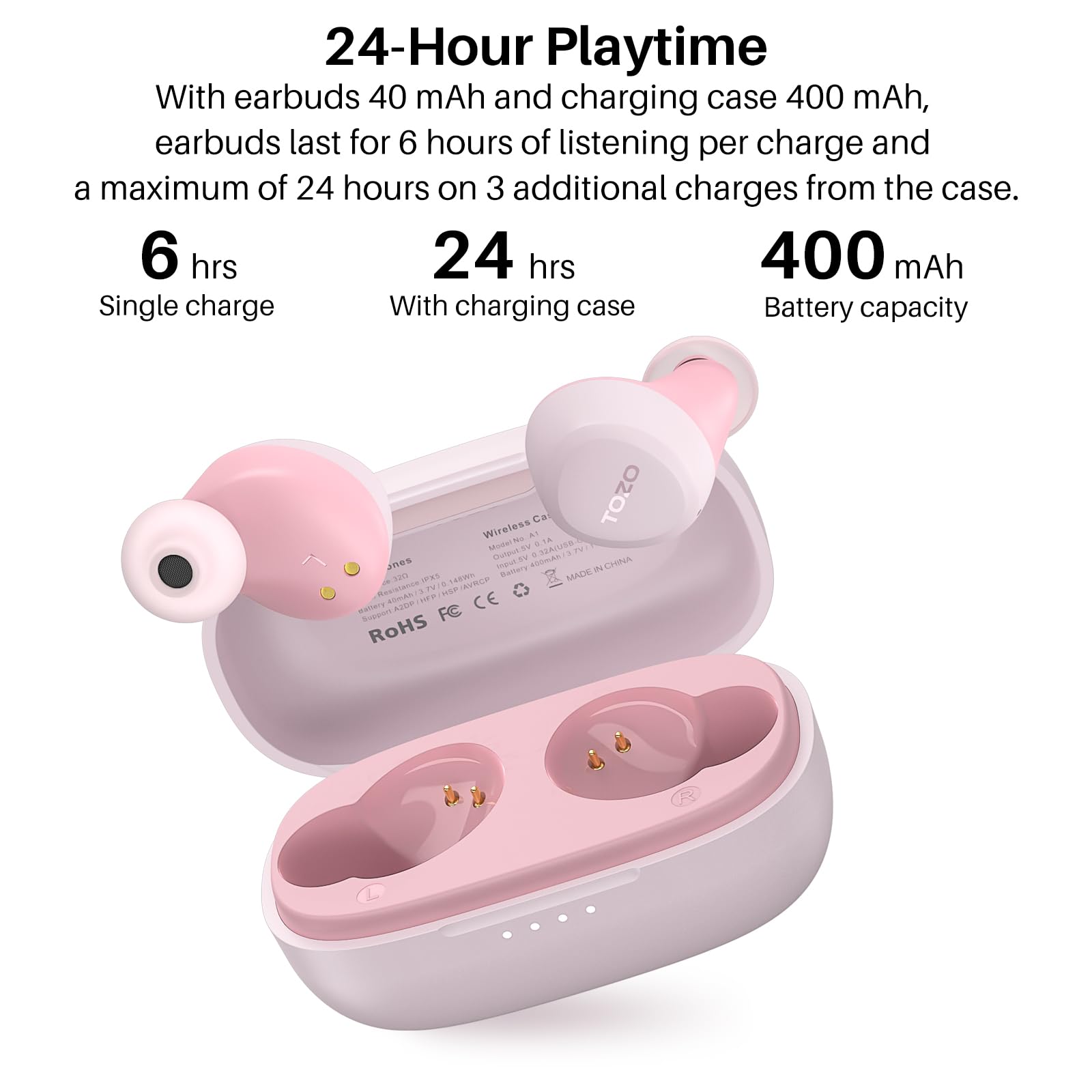 TOZO A1 Mini Wireless Earbuds Bluetooth 5.3 in Ear Light-Weight Headphones Built-in Microphone, IPX5 Waterproof, Immersive Premium Sound Long Distance Connection Headset with Charging Case, Rose Gold