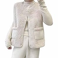 Women Teddy Sherpa Vest Casual Warm Fuzzy Button Down Vests Winter Furry Fleece Sleeveless Coat Gilet with Pockets