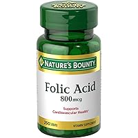 Nature's Bounty Folic Acid Supplement, Supports Cardiovascular Health, 800mcg, 250 Tablets, 3 Pack 250 Count