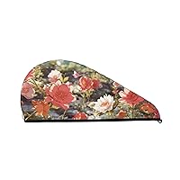 Wildflower Floral Print Dry Hair Cap for Women Coral Velvet Hair Towel Wrap Absorbent Hair Drying Towel with Button Quick Dry Hair Turban for Travel Shower Gym Salons