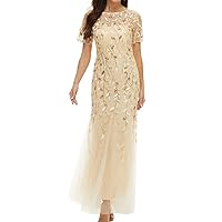 Women's Floor Length Sequin Dress Formal Bateau Neck Short Sleeve Evening Party Prom Glitter Mermaid Tulle Dress
