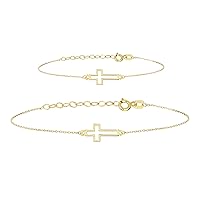 14K Solid Gold Cross Bracelet and Baby Cross Bracelet Jewelry set, Real Gold Sideways, Teen Girls, Baby, Christian Baptism Gift,