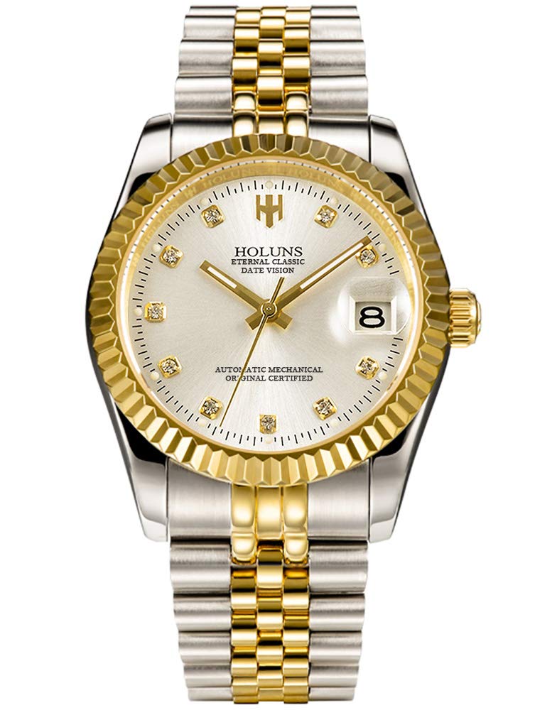 Mens Full Gold Watch Automatic Mechanical Gilded Steel Self-Wind Sapphire Glass Dress Waterproof Watch (Gold)