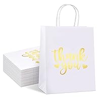Thank You Gift Bags Bulk 50 Pcs Medium, Gold Foil Thank You White Paper Bags with Handles for Retail Shopping, Wedding, Baby Shower Holiday, Party Favors, Size 8x4.75x10 Inches