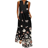 Summer Dresses for Women 2024, Casual Loose Bohemian Floral Dress Sleeveless V Neck Maxi Dress Sundress with Pockets