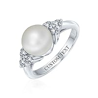 Bling Jewelry Personalize Bridal Party CZ Side Stones White Solitaire Freshwater Cultured Pearl Engagement Cocktail Ring For Women .925 Sterling Silver Customizable