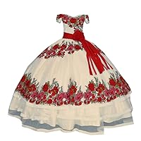 Mollybridal Red Floral Flowers Ribbon Off Shoulder Ball Gown Quinceanera Evening Dress with Sleeves Satin Mexican 2024