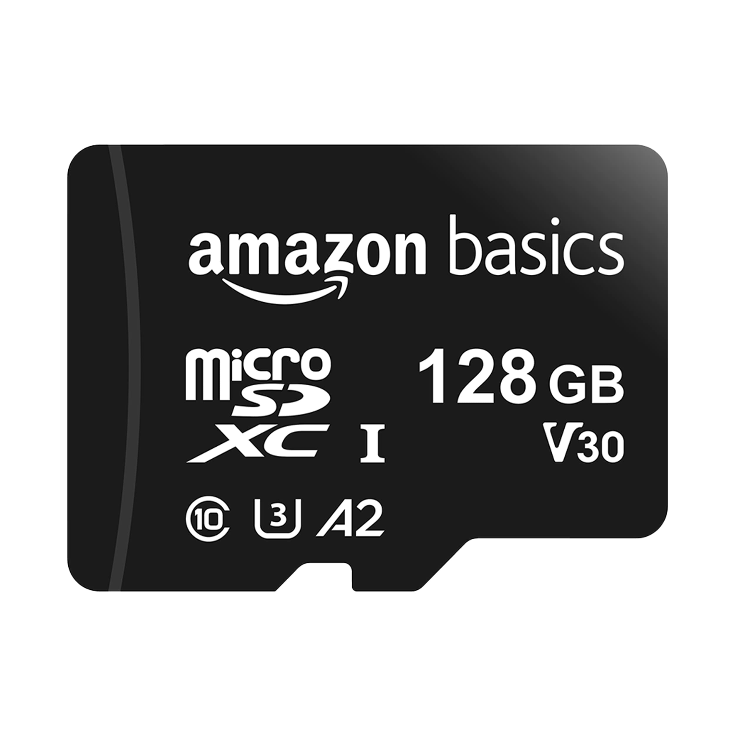 Amazon Basics microSDXC Memory Card with Full Size Adapter, A2, U3, Read Speed up to 100 MB/s, 128 GB, Black